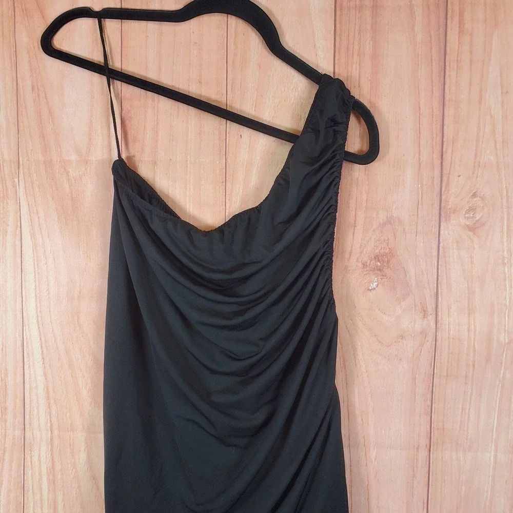 Steve‎ Madden Ayana Womens Bodycon Dress Large Black Stretch One-Shoulder Ruched